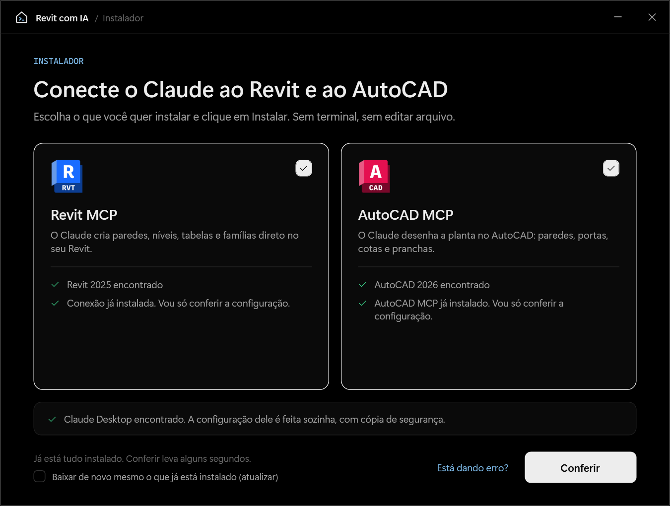 Tela inicial do app Revit com IA: Revit 2025 e AutoCAD 2026 encontrados, com os cartões Revit MCP e AutoCAD MCP marcados