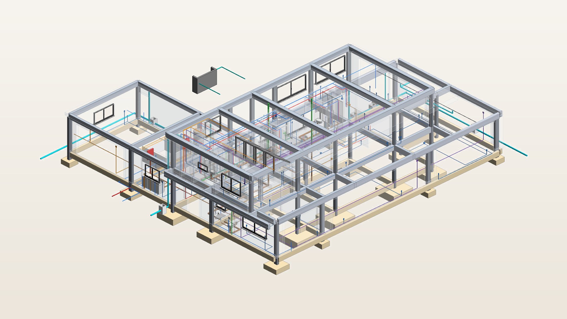 Casa Ubatuba em 3D com estrutura, tubulações e eletrodutos juntos no mesmo modelo do Revit