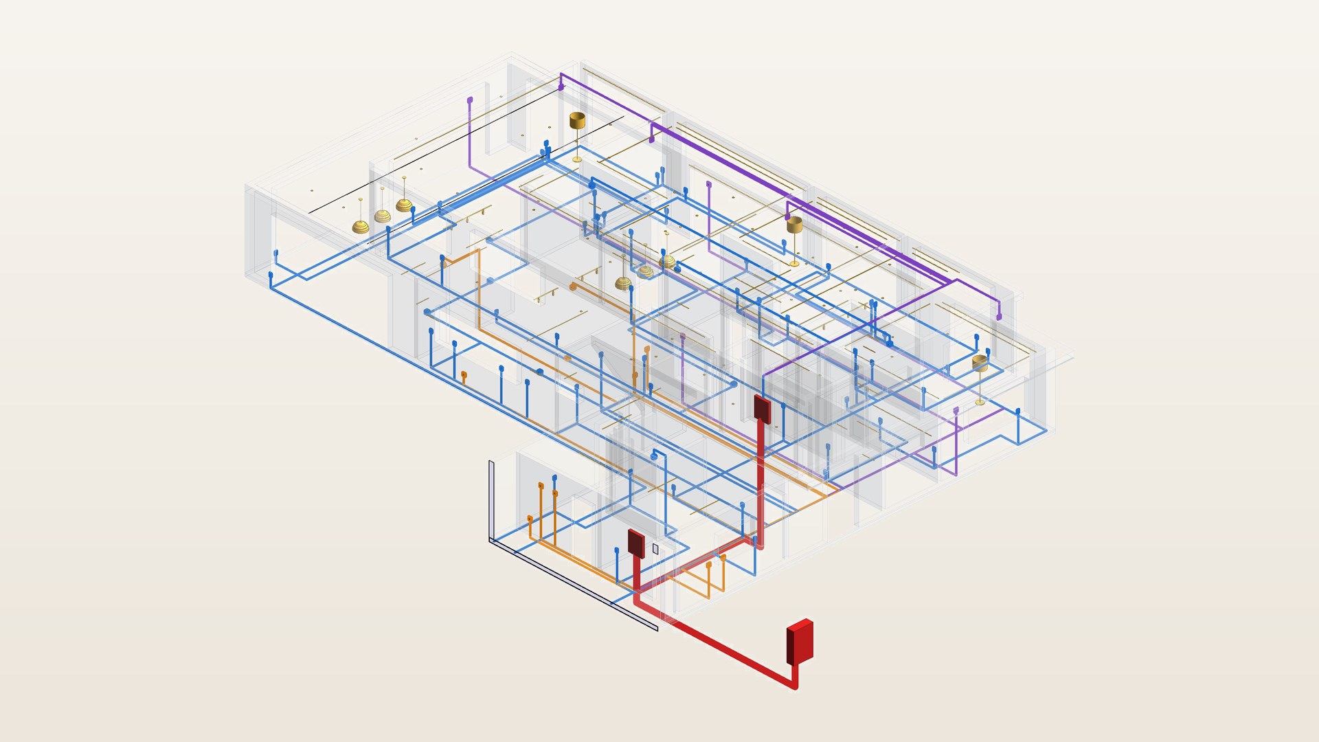 Instalação elétrica da Casa Ubatuba em 3D, com cada circuito em uma cor