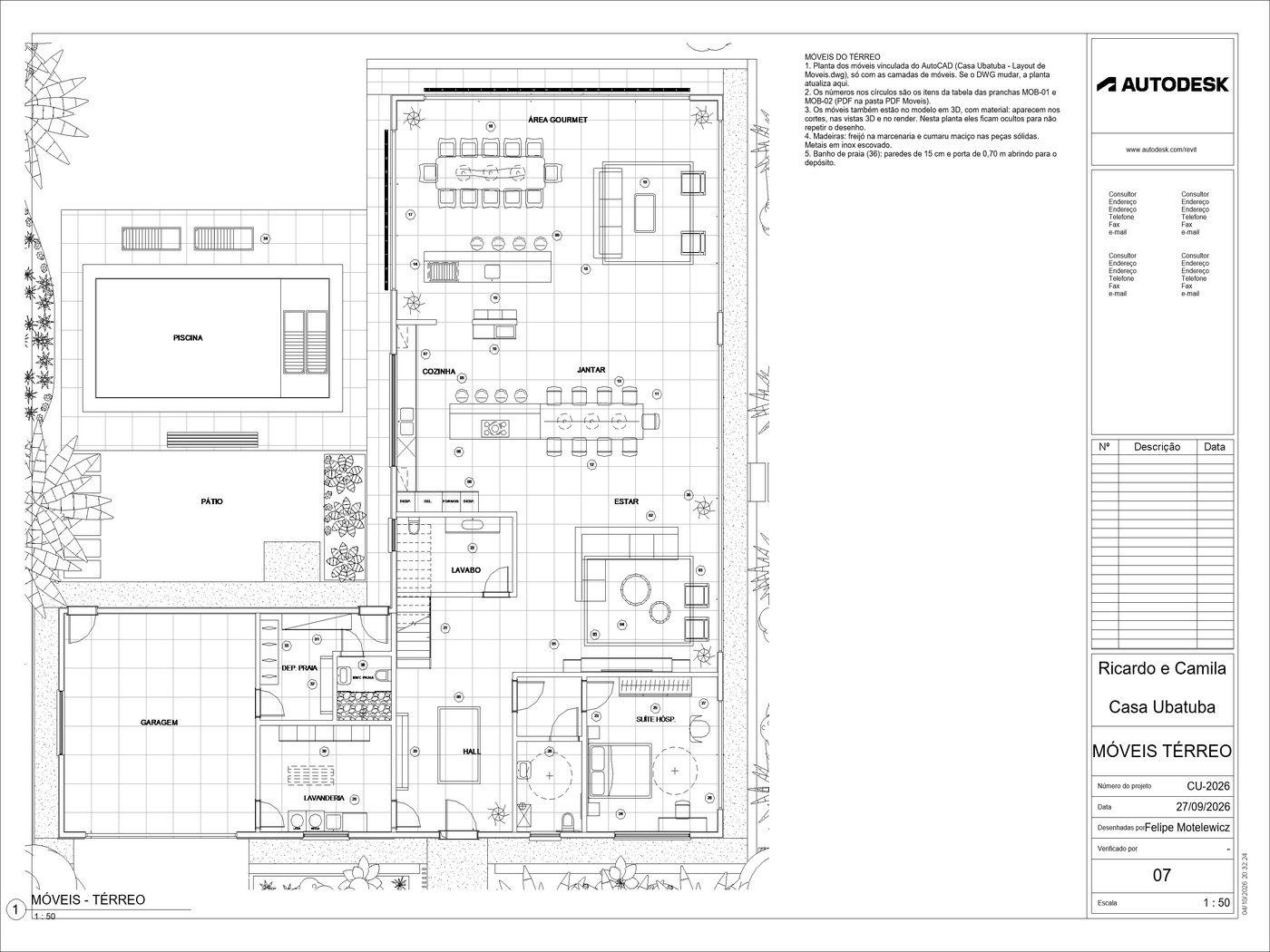 Prancha de móveis da Casa Ubatuba com o DWG do AutoCAD vinculado no Revit