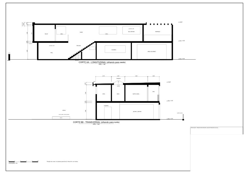 Cortes longitudinal e transversal da Casa Ubatuba