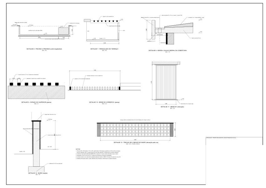Detalhes construtivos de piscina, cobertura, pergolado, brises e muro