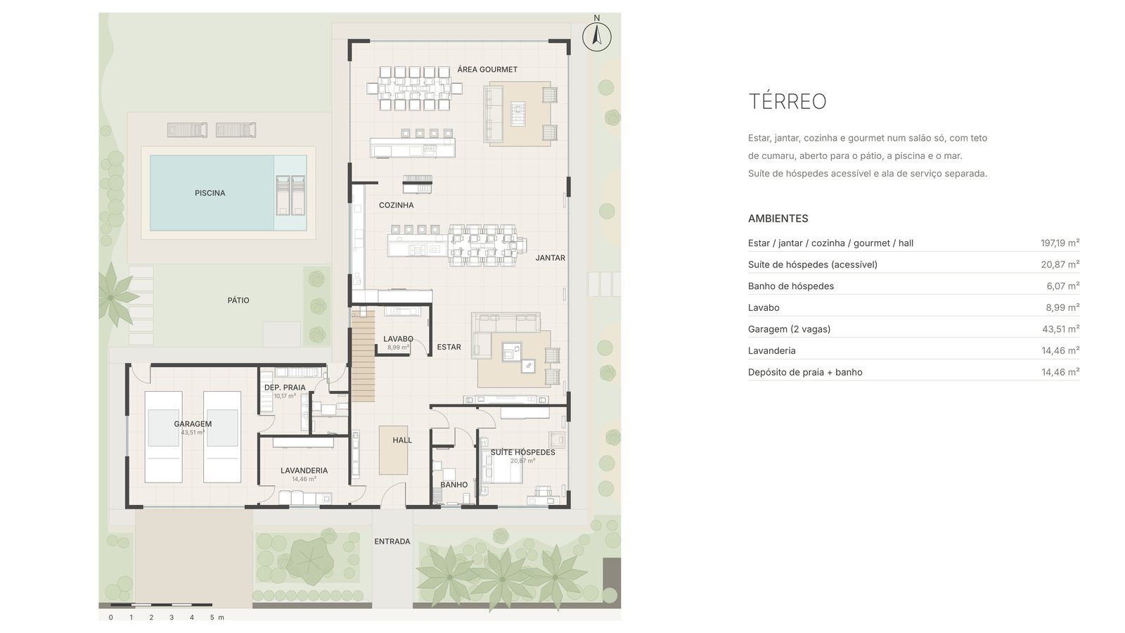 Planta humanizada do térreo com mobiliário, piscina, jardim e quadro de ambientes
